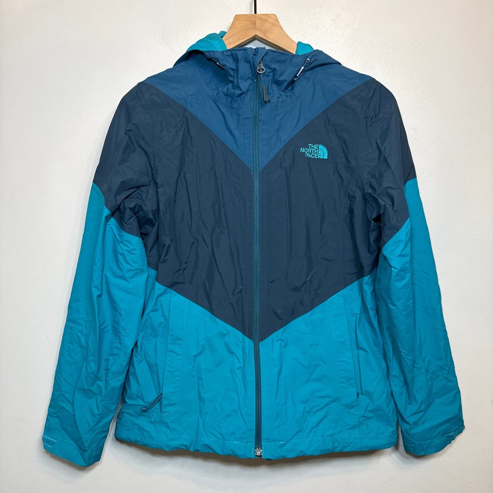 The North Face Women's Teal Navy Blue Colorblock Hooded Windbreaker Jacket Small